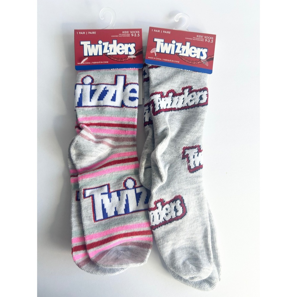 Twizzlers Kids Crew Socks 2 Pair Bundle Grey Pink Logo Candy Novelty Size 9-3.5